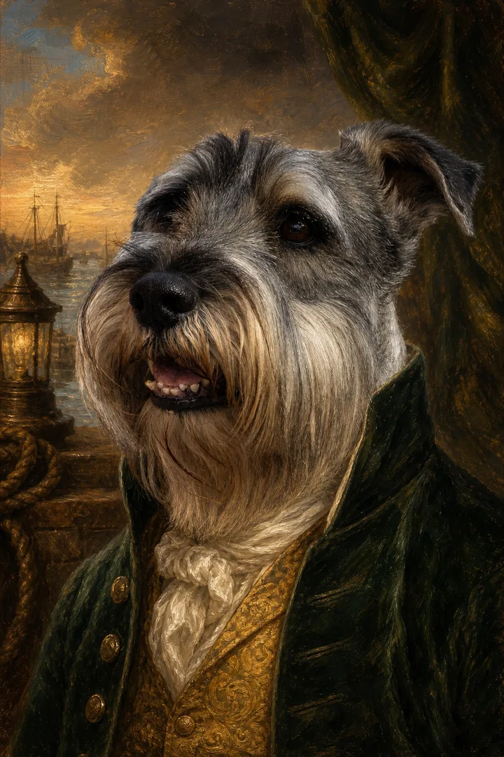 Oil-style portrait of a salt-and-pepper schnauzer as a Georgian gentleman in a bottle-green velvet coat and mustard waistcoat