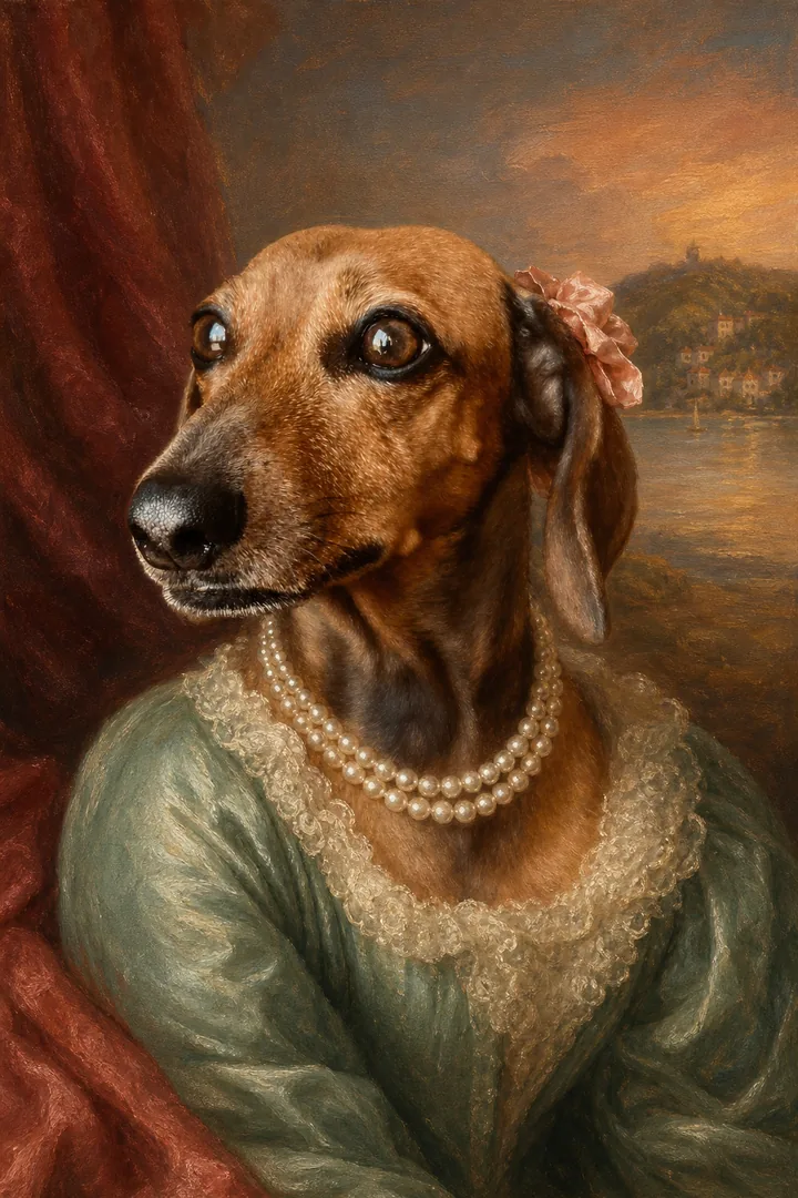 Oil-style portrait of a red dachshund as a Georgian lady in a sea-green silk gown, lace collar and pearls