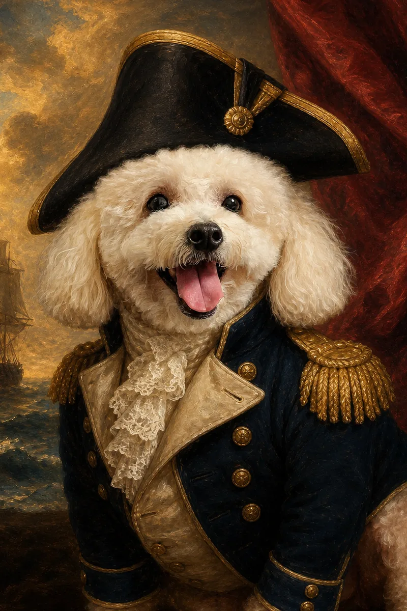 Oil-style portrait of the same poodle as a Georgian admiral in a navy coat, gold epaulettes and bicorne hat
